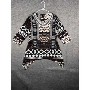 Ashley Stewart Women Top‎ 14/16 Brown White Black African Print 3/4 Sleeve